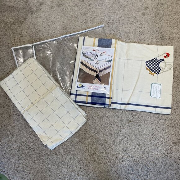 Savim Tablecloth & 6 Napkins Blue Check Rooster Chicken Cotton 56X71" Made Italy - Picture 2 of 6